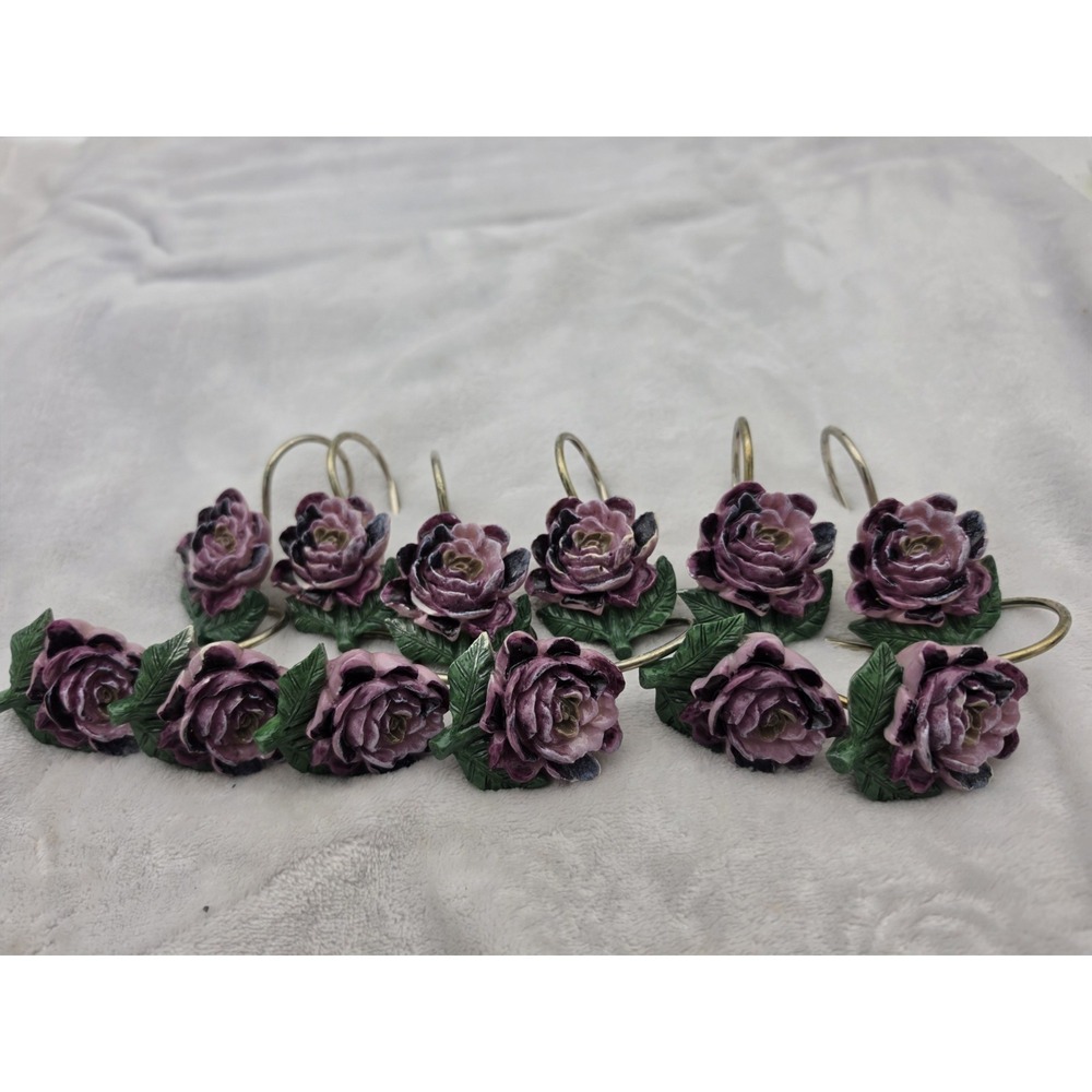 Vintage PINK Bordeaux Purple Lavender Rose Shower Curtain Hooks Rings Set of 12